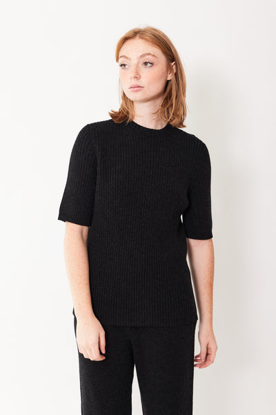 Lauren Manoogian Ribbed Short Sleeve Crewneck modeled from the front
