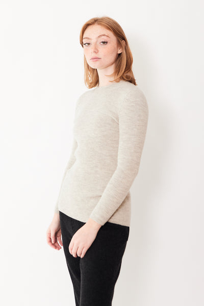 Lauren Manoogian Ribbed 3/4 Sleeve Crewneck modeled from the front