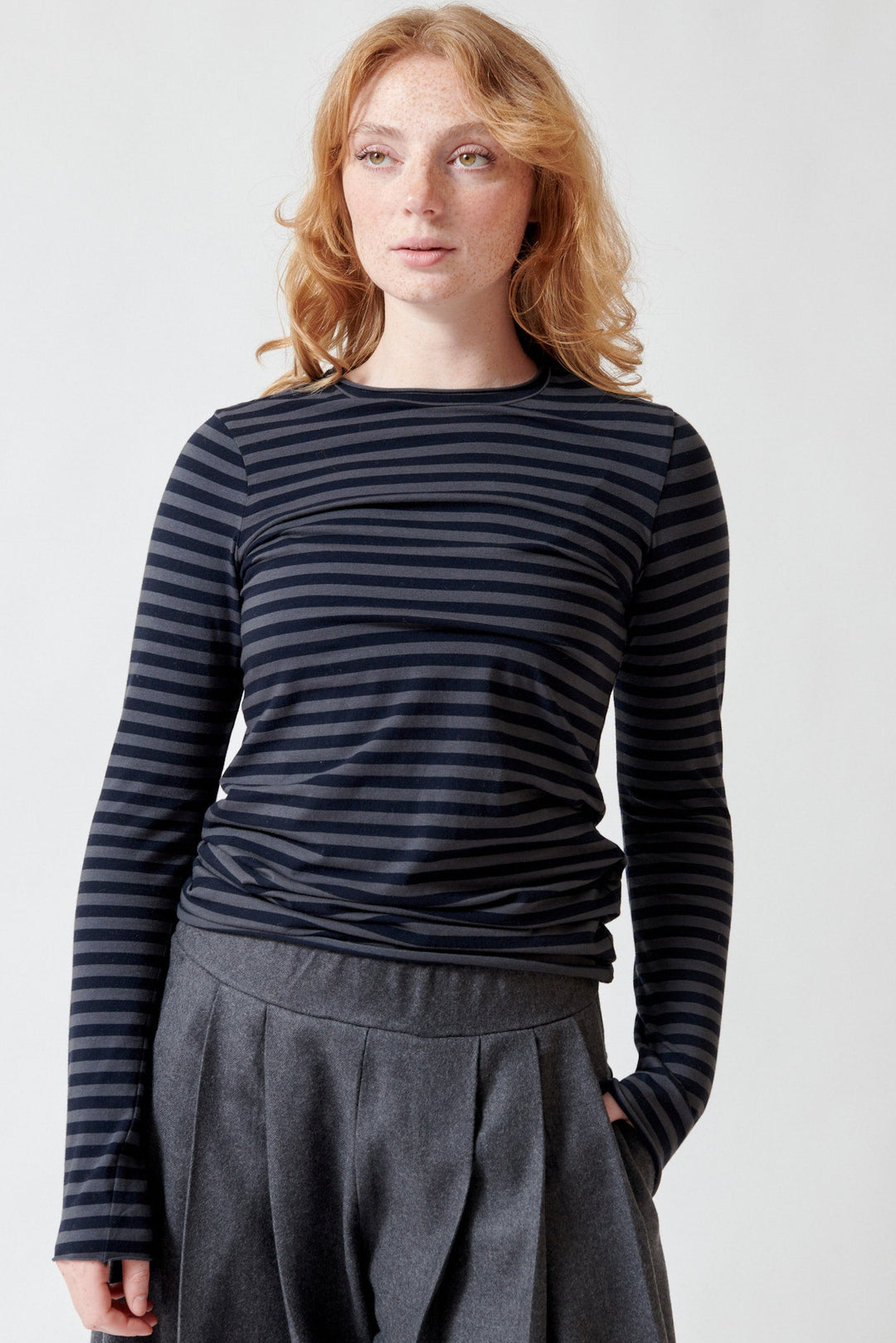 Waverly wearing Labo.Art Basic Striped Jersey Long Sleeve Tee front view