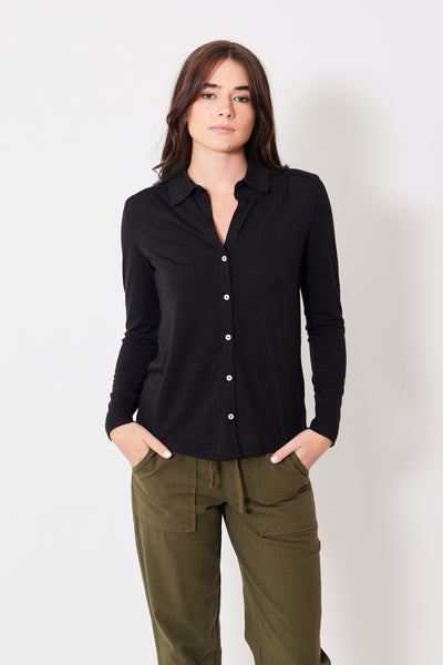 Lilla P Long Sleeve Buttondown Tee, modeled from the front