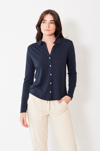 Lilla P Long Sleeve Buttondown Tee, modeled from the front