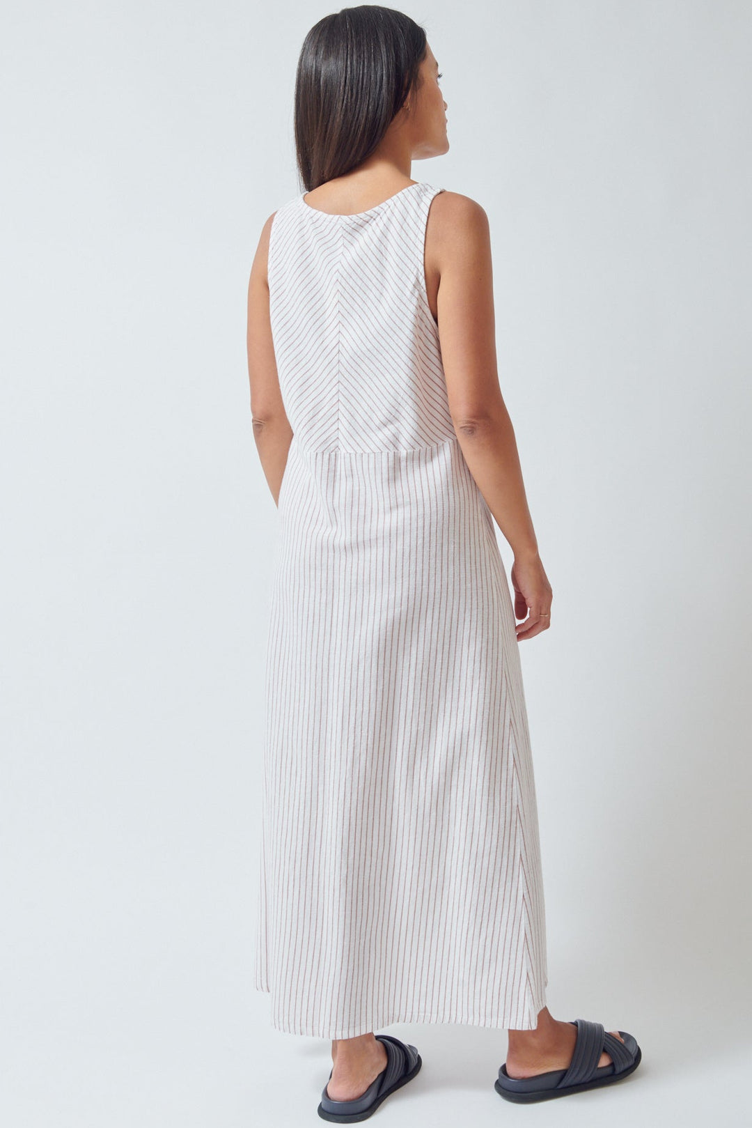 Amanda wearing Lilla P Striped Keyhole Midi Dress rear view
