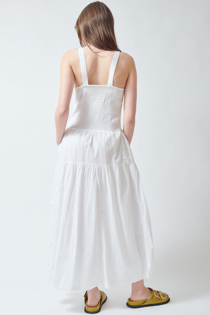 Angela wearing Lilla P Smocked Bodice Maxi Dress rear view