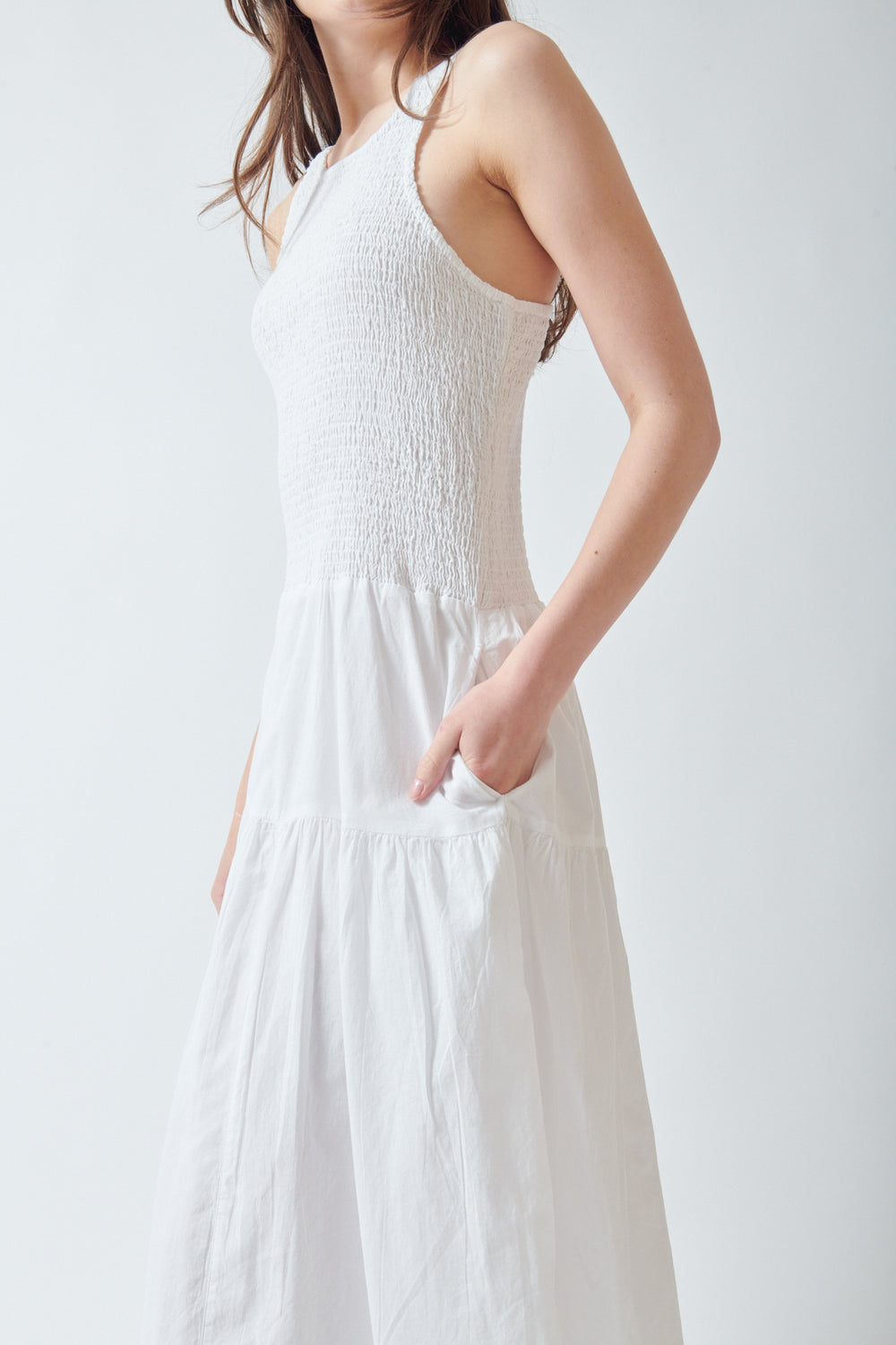 Angela wearing Lilla P Smocked Bodice Maxi Dress side/detail view