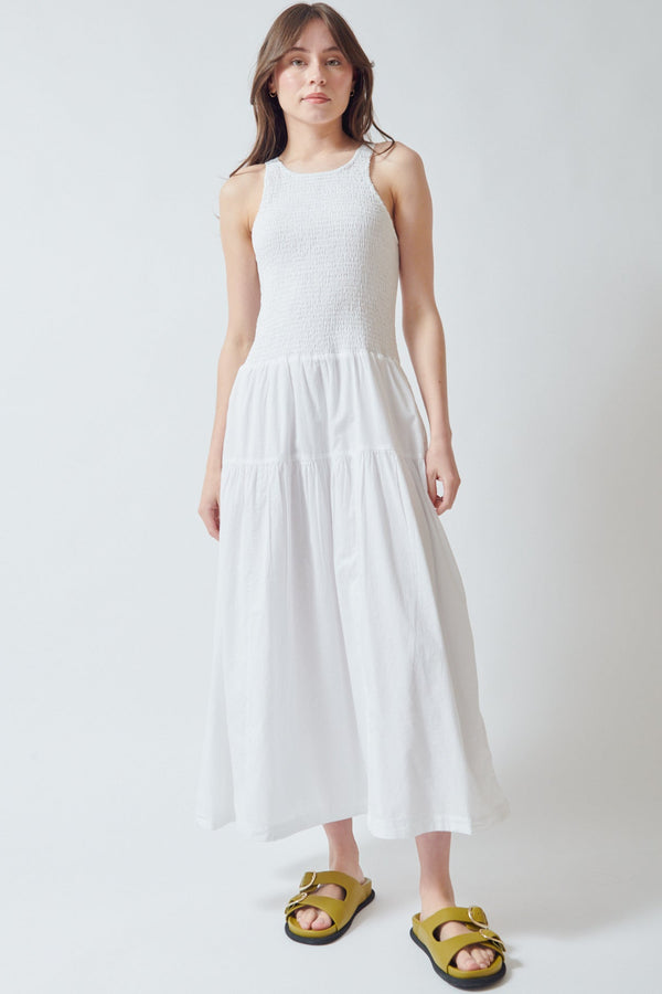 Angela wearing Lilla P Smocked Bodice Maxi Dress front view