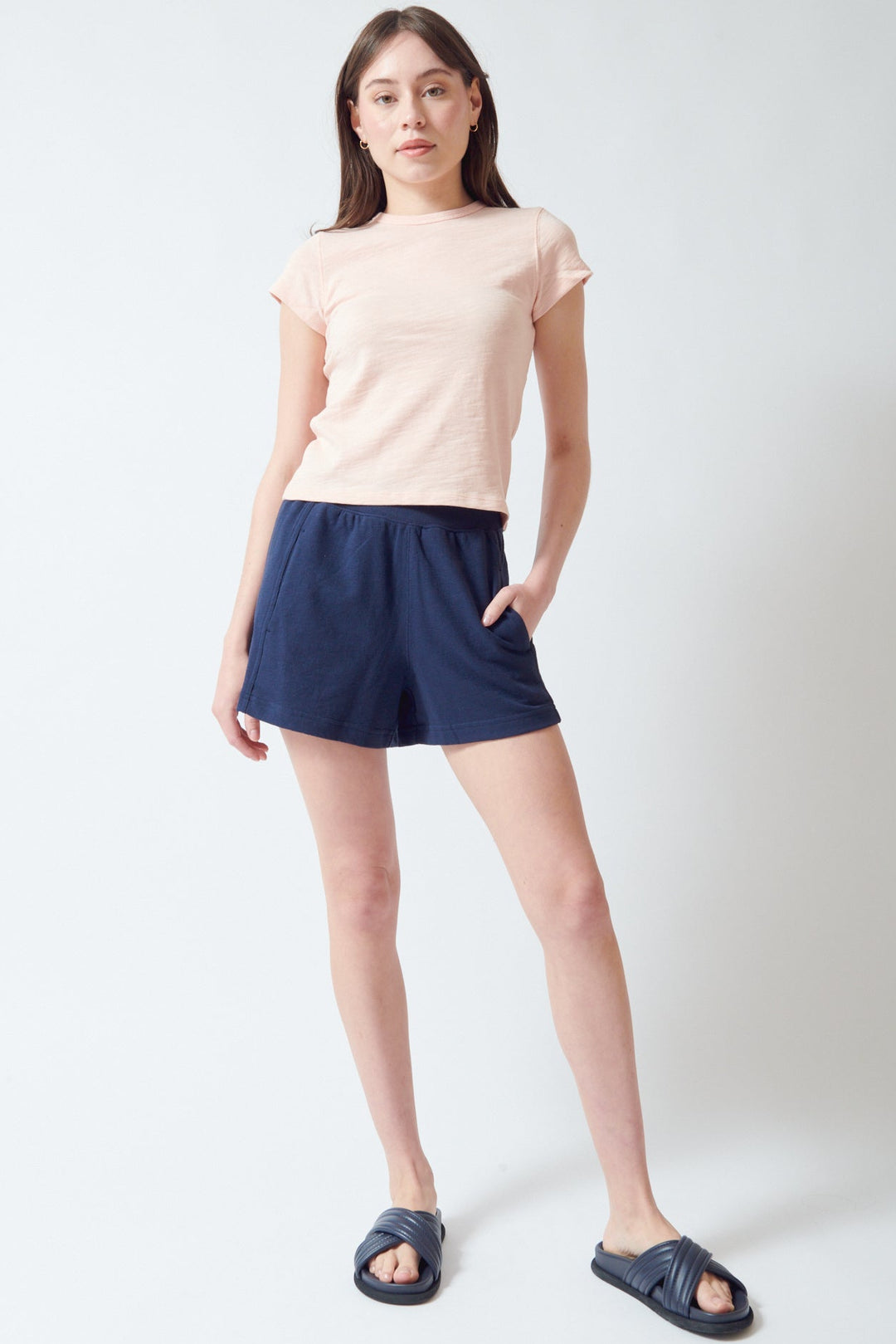 Angela wearing Lilla P Textured Terry Front Seam Short front view