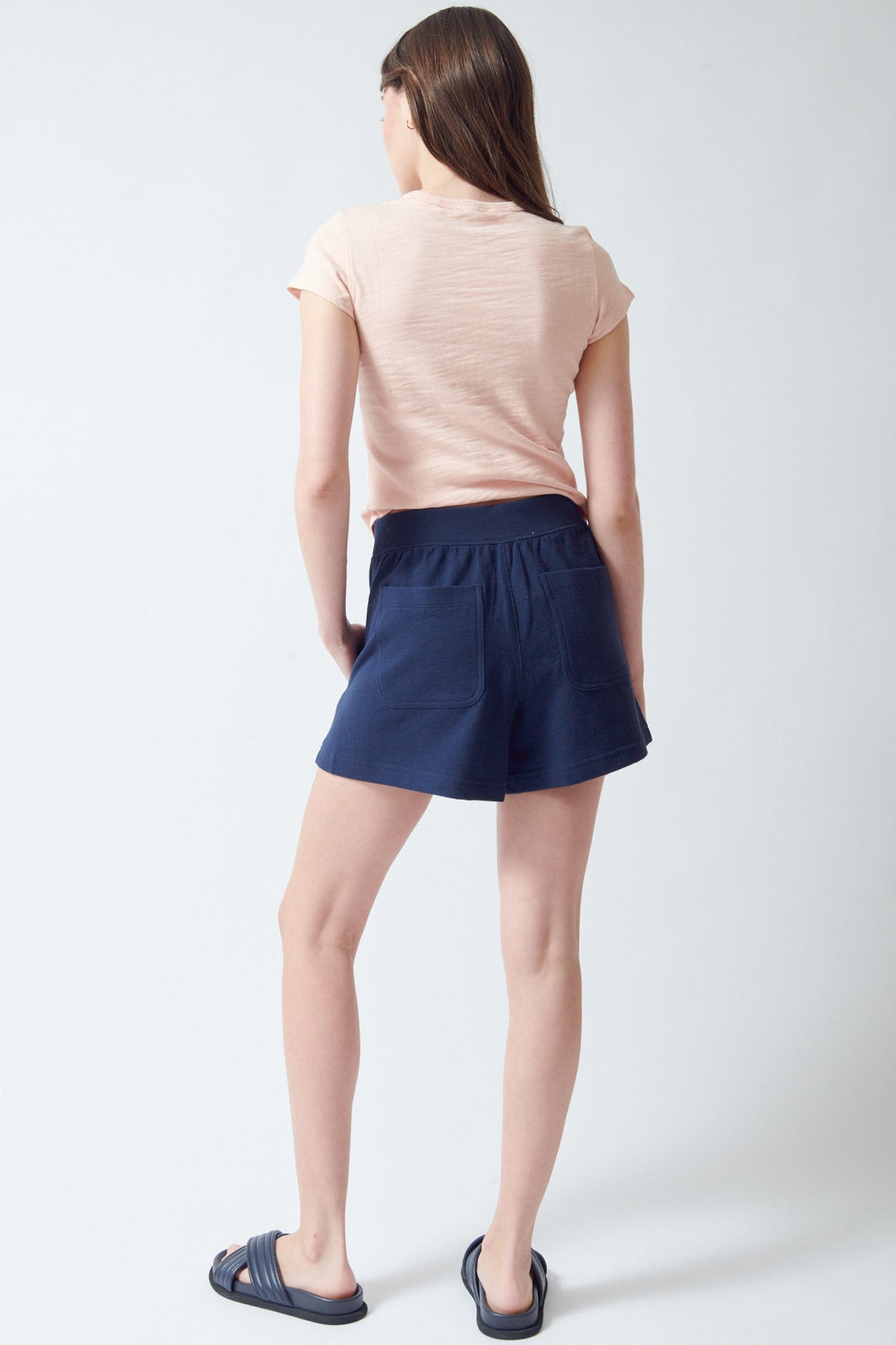 Angela wearing Lilla P Textured Terry Front Seam Short rear view