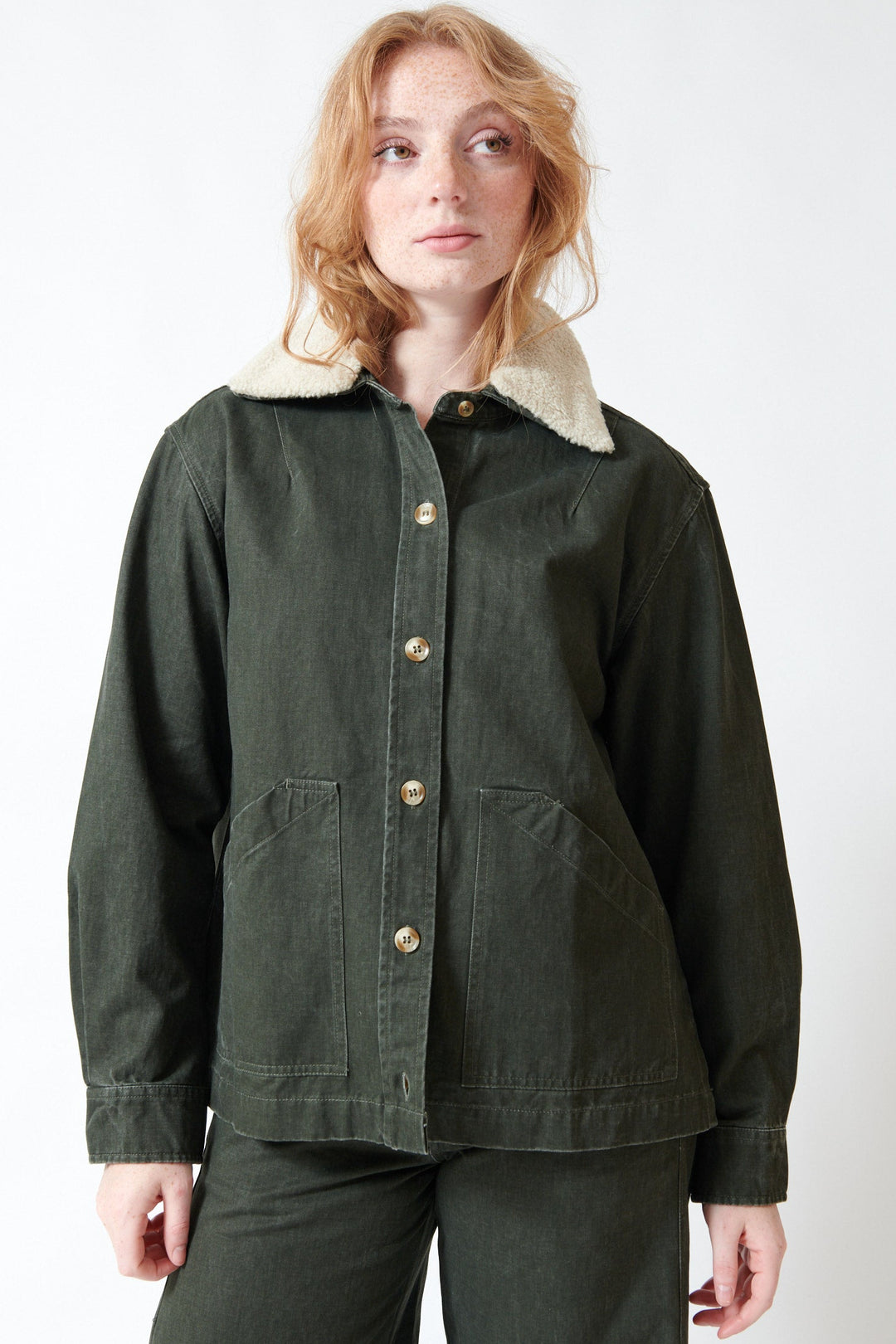 Waverly wearing Lilla P Washed Twill Pleat Back Jacket front view