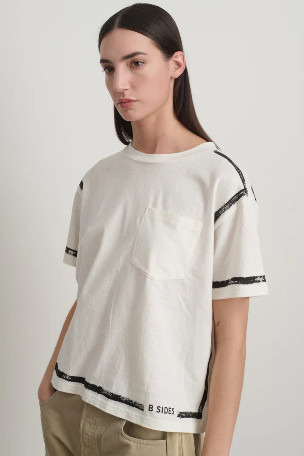 Model wearing B SIDES Atlas Pocket Tee front view