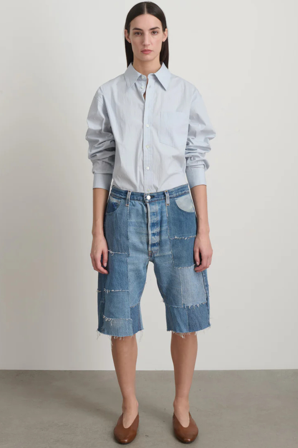 Model wearing B SIDES Madras Short Rework Vintage Indigo front view