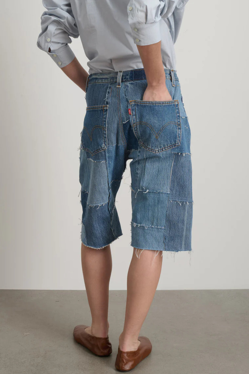 Model wearing B SIDES Madras Short Rework Vintage Indigo rear view