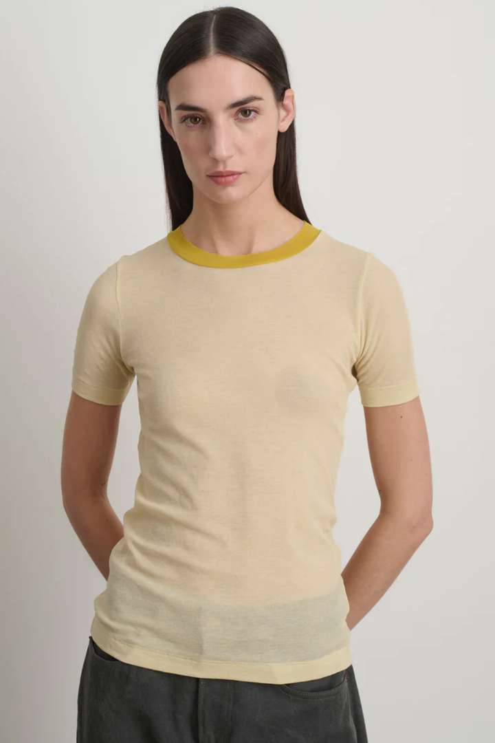 Model wearing B SIDES Ringer Tee Light front view