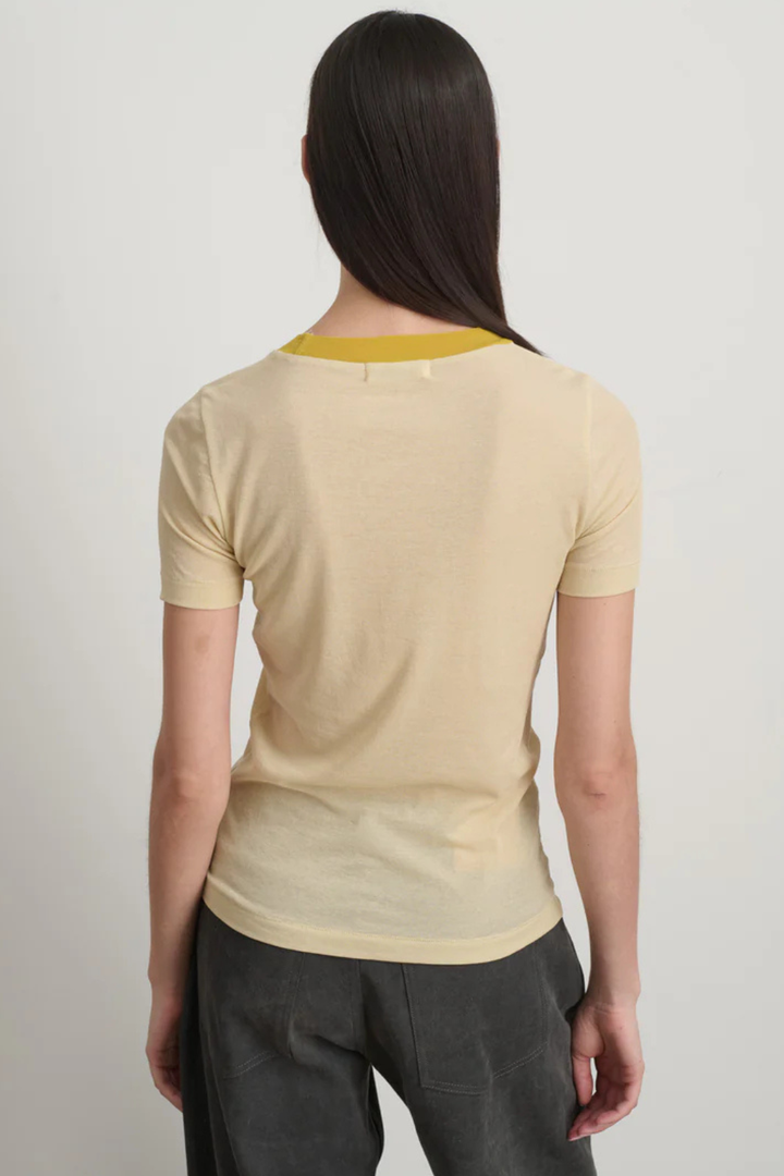 Model wearing B SIDES Ringer Tee Light rear view