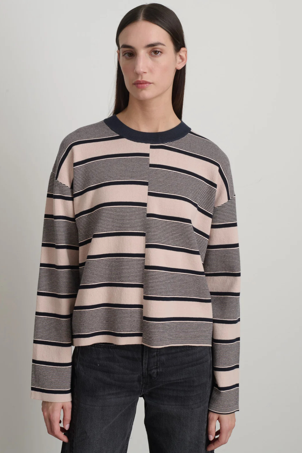 Model wearing B SIDES Rugby Stripe Crewneck front view