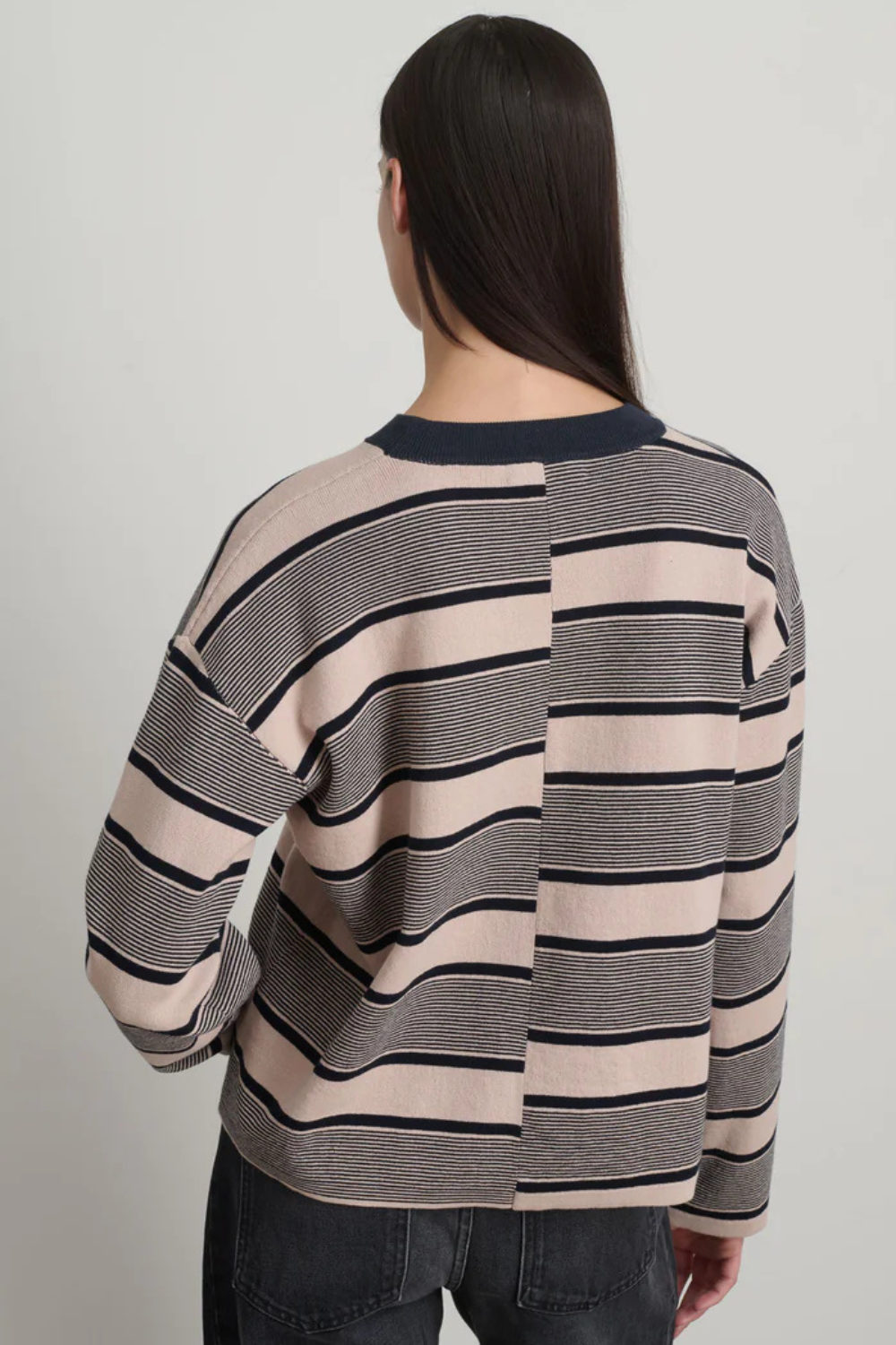 Model wearing B SIDES Rugby Stripe Crewneck rear view