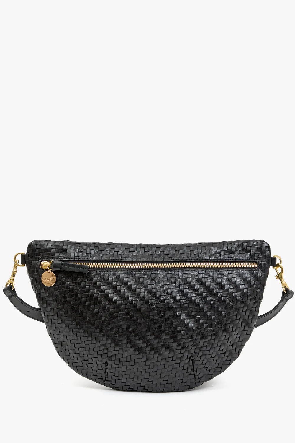 FLat lay of Clare V. Grande Fanny Black Woven Zig Zag front view