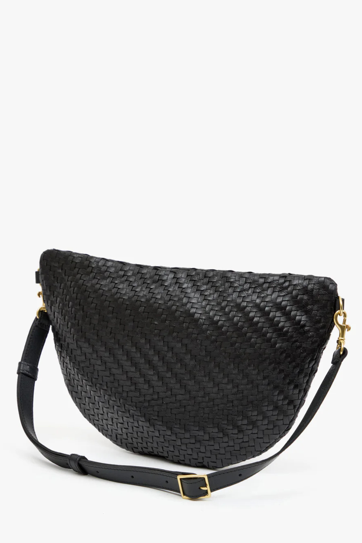 FLat lay of Clare V. Grande Fanny Black Woven Zig Zag rear view