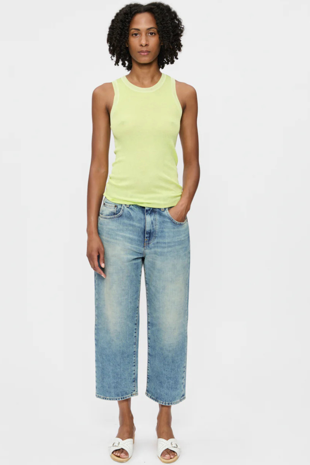 Model wearing 6397 Peter Jean Quarry Blue front view