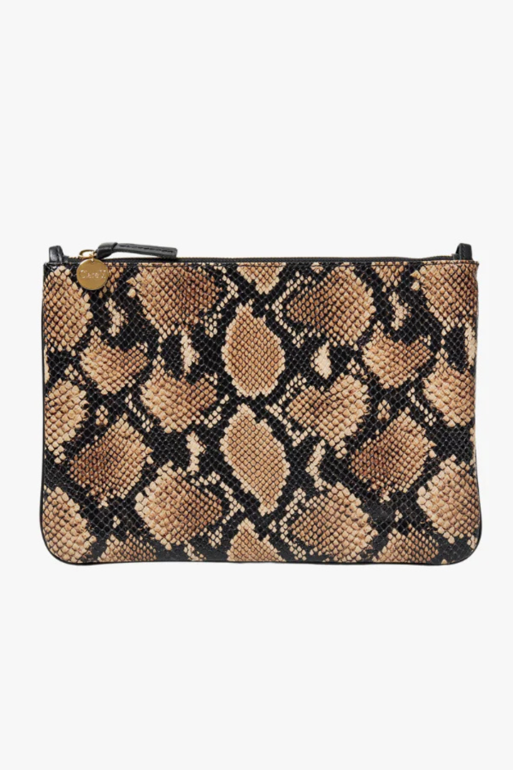 Flat lay of Clare V. Flat Clutch w/ Tabs Tan Desert Snake front view