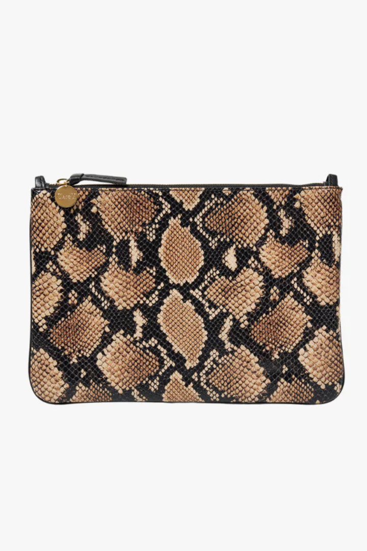 Flat lay of Clare V. Flat Clutch w/ Tabs Tan Desert Snake front view