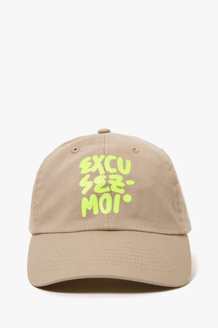Flat lay of Clare V. Baseball Hat Khaki EXCUSEZ MOI front view