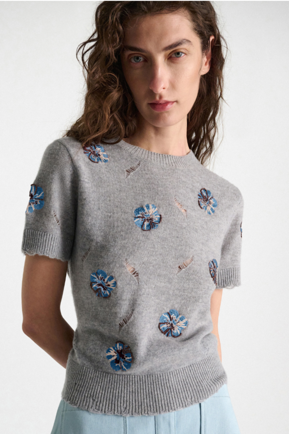 Model wearing Dorothee Schumacher Blooming Statements Pullover front view