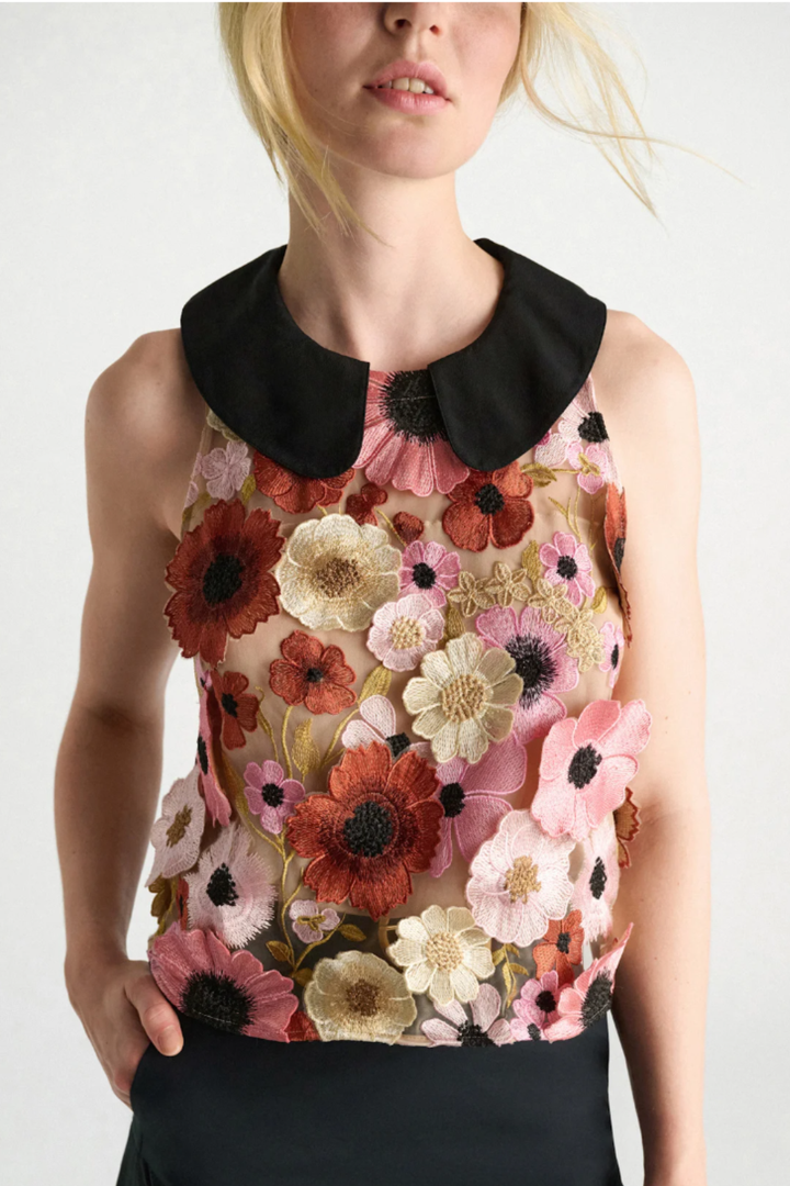 Model wearing Dorothee Schumacher Blooming Meadow Top front view