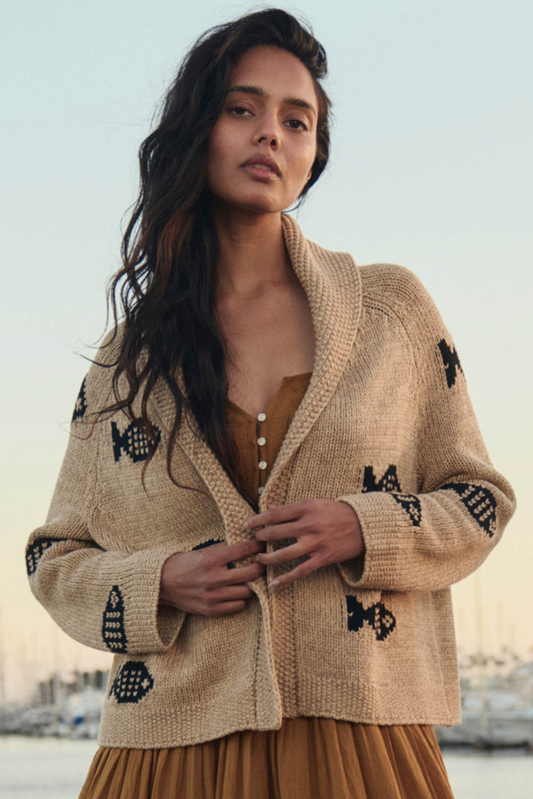 Model wearing The Great The Swimming Fish Lodge Cardigan front view