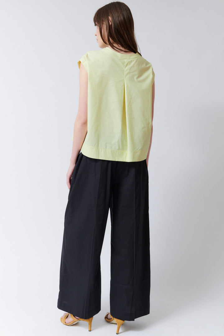 Angela wearing Meimeij Cotton Wide Leg Elastic Back Pant Black rear view