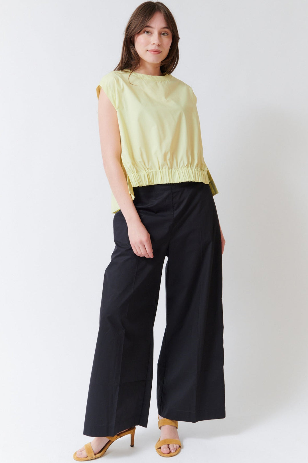 Angela wearing Meimeij Cotton Wide Leg Elastic Back Pant Black front view