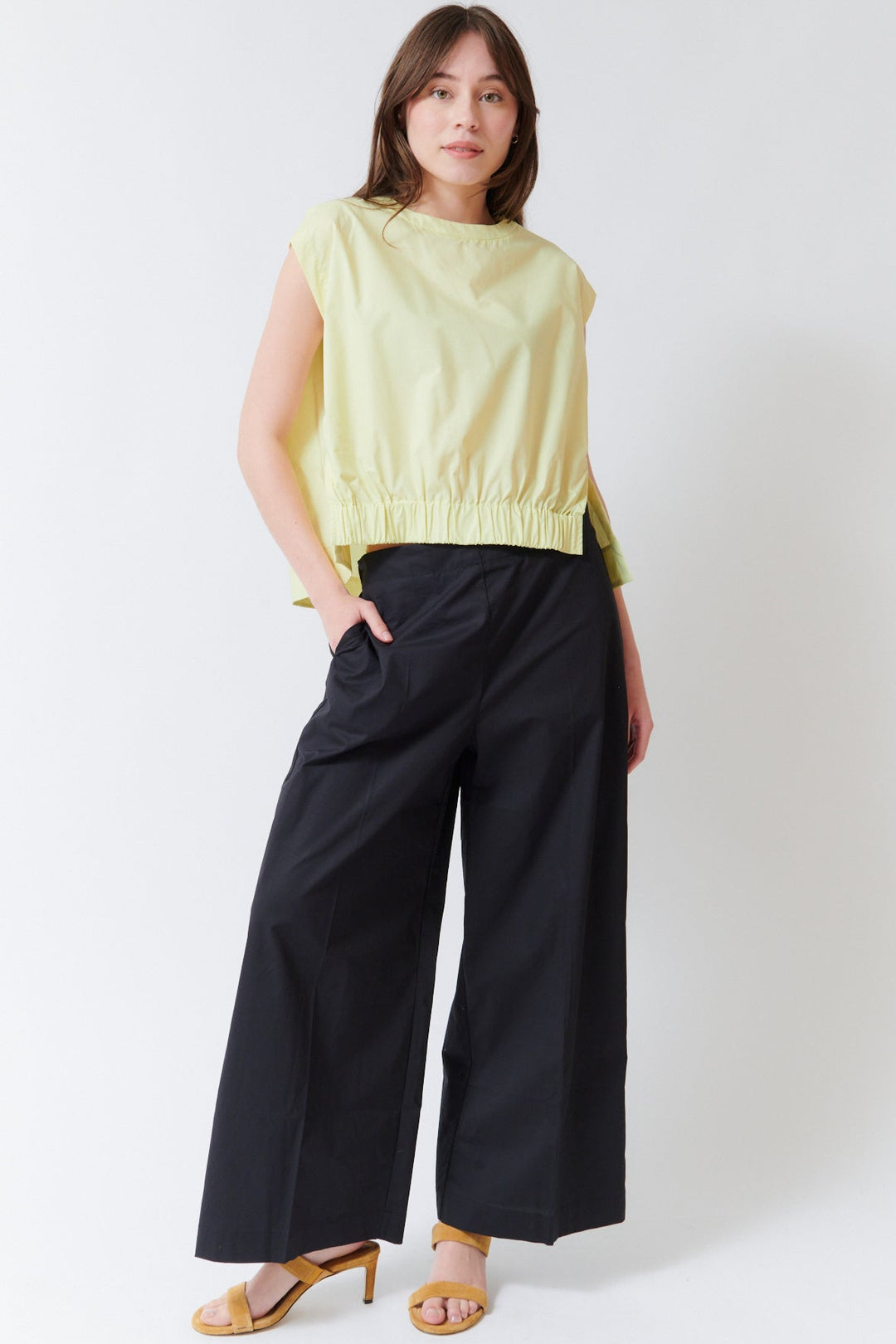 Angela wearing Meimeij Cotton Wide Leg Elastic Back Pant Black front view
