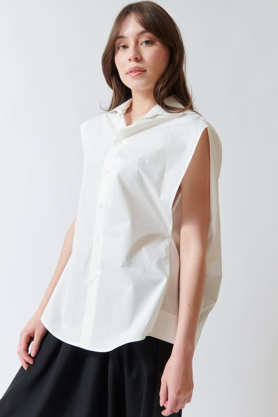 Angela wearing MM6 Maison Margiela Cotton Poplin Capelet Shirt front view