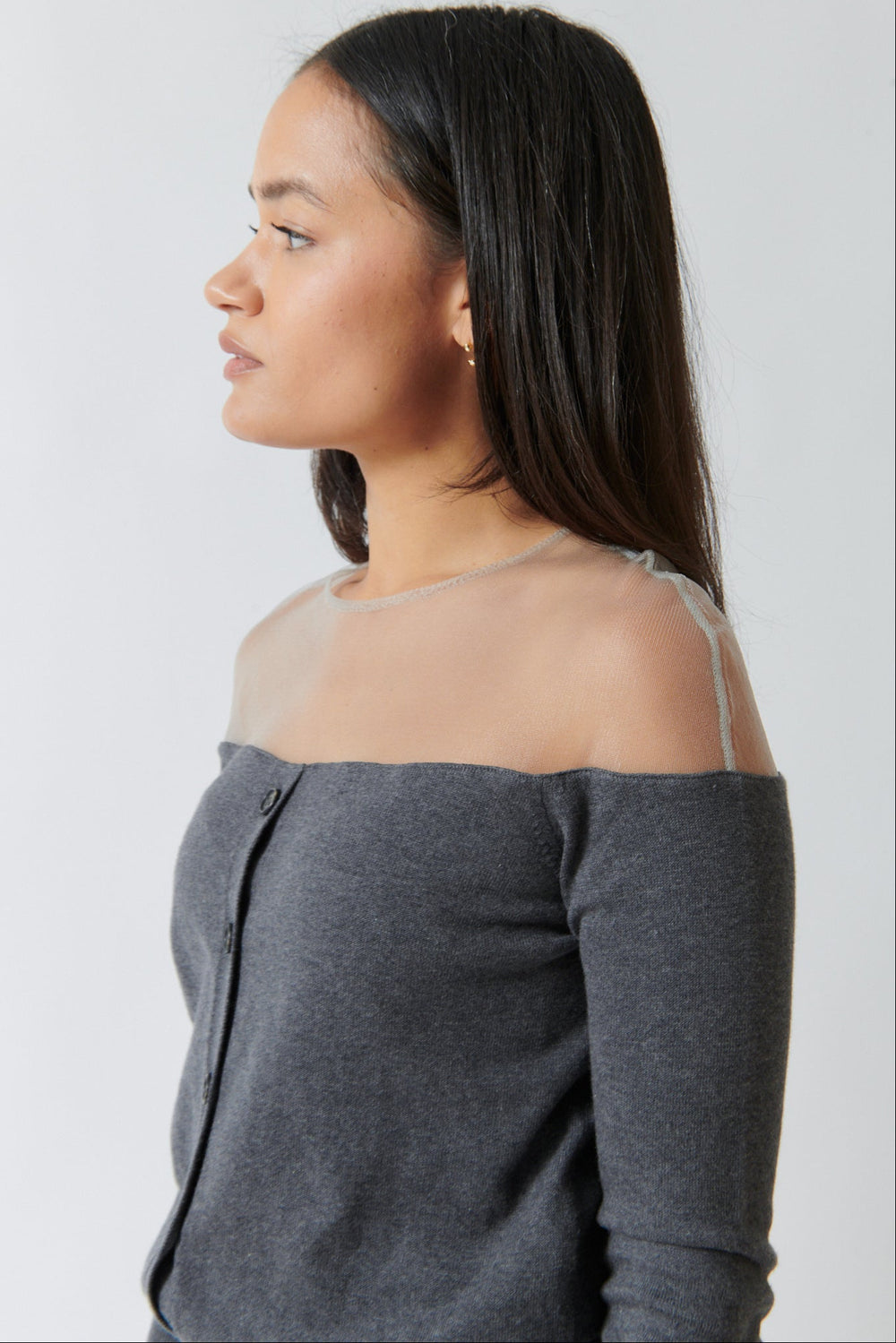 Amanda wearing MM6 Maison Margiela Hanging In The Air Cardigan Look Pullover side view