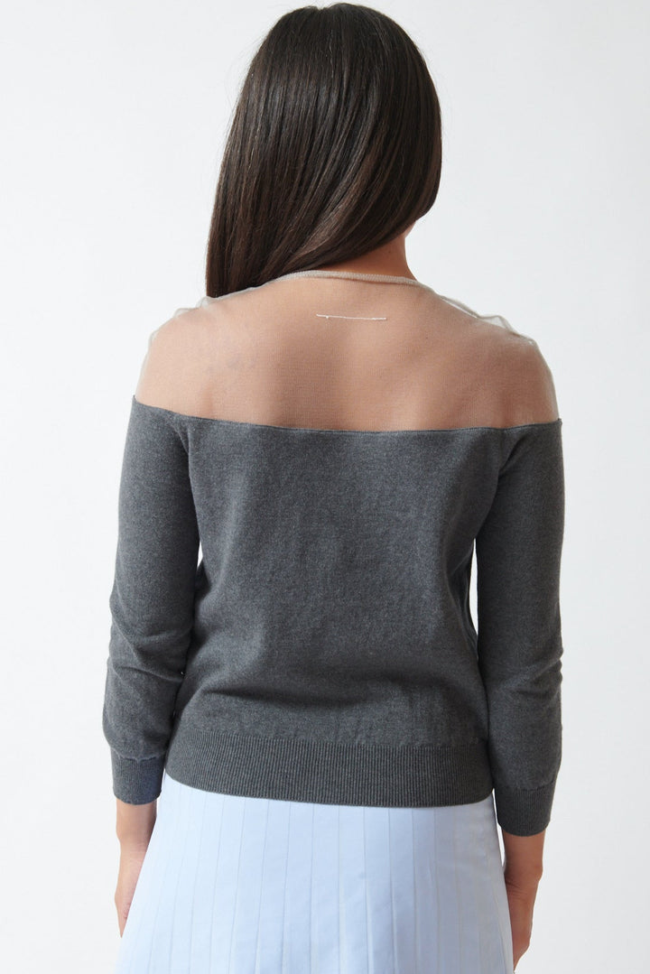 Amanda wearing MM6 Maison Margiela Hanging In The Air Cardigan Look Pullover rear view