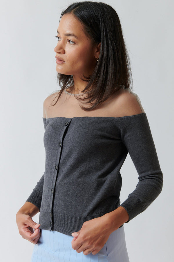 Amanda wearing MM6 Maison Margiela Hanging In The Air Cardigan Look Pullover front view