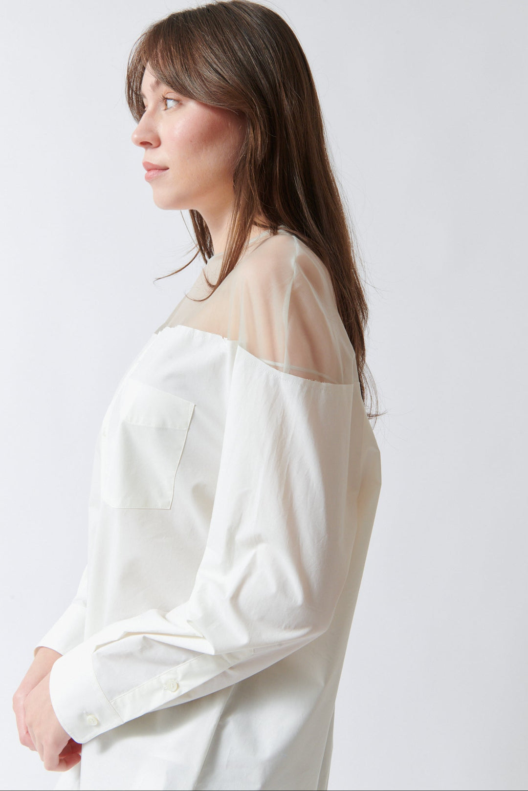 Angela wearing MM6 Maison Margiela Hanging In The Air Cotton Poplin Shirt side view