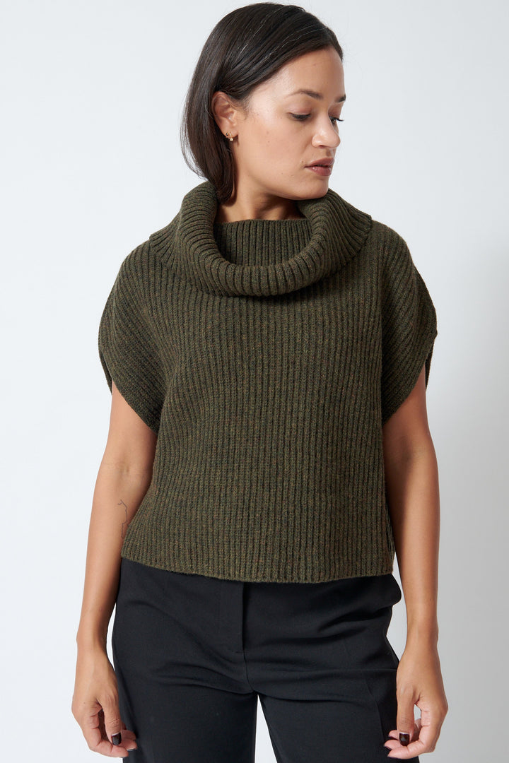 Model wearing Mantu Camberra Wool Wide Cowl Sweater front view