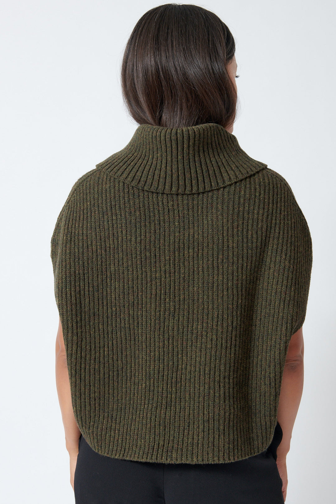 Model wearing Mantu Camberra Wool Wide Cowl Sweater rear view