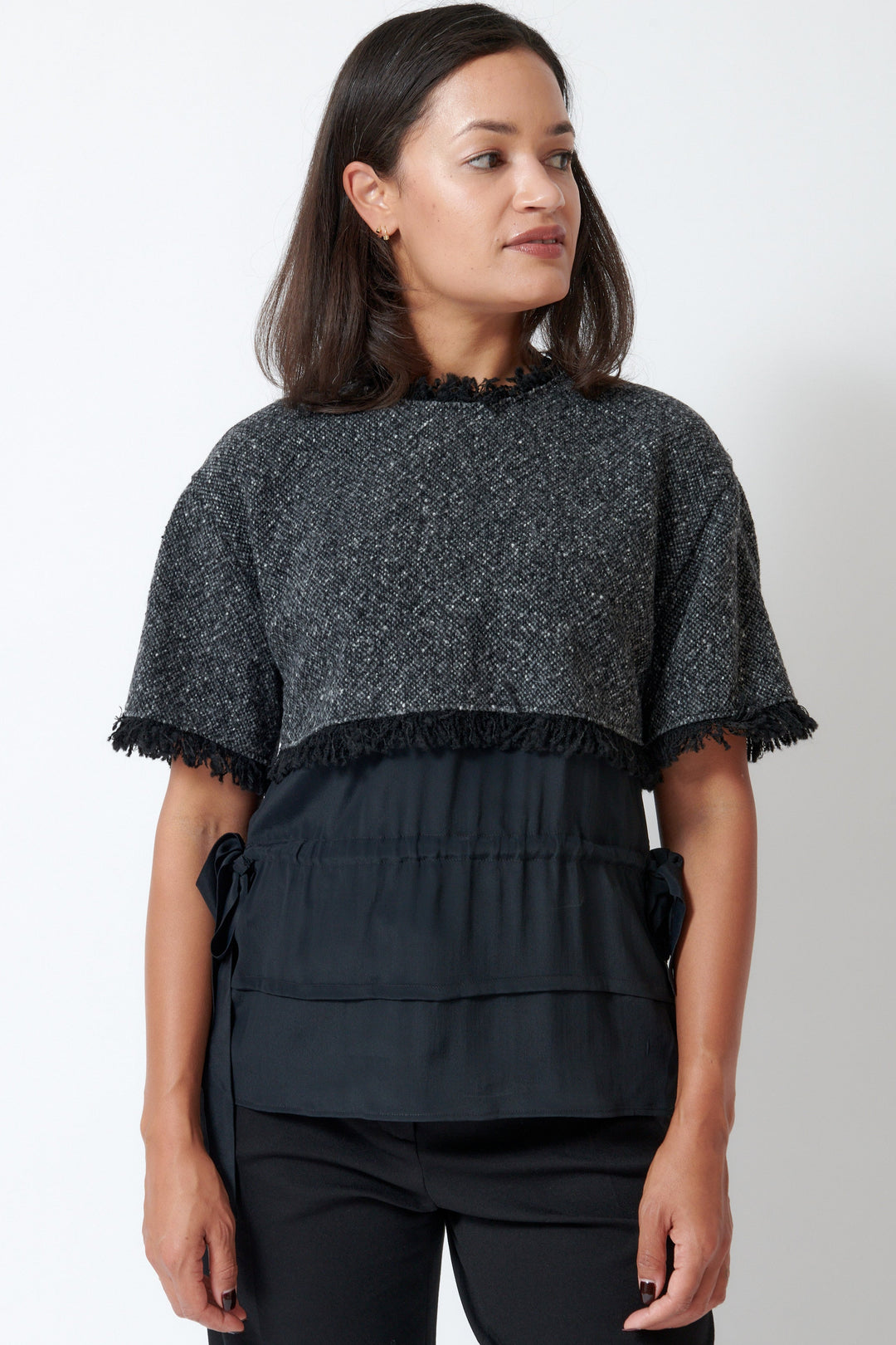 Model wearing Mantu Compact Tweed Fray Layer Shirt front view
