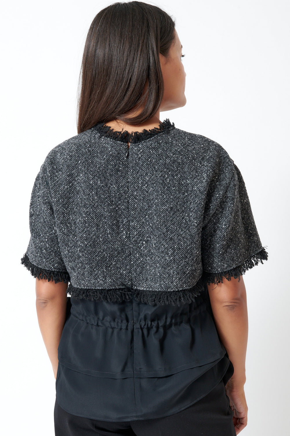 Model wearing Mantu Compact Tweed Fray Layer Shirt rear view