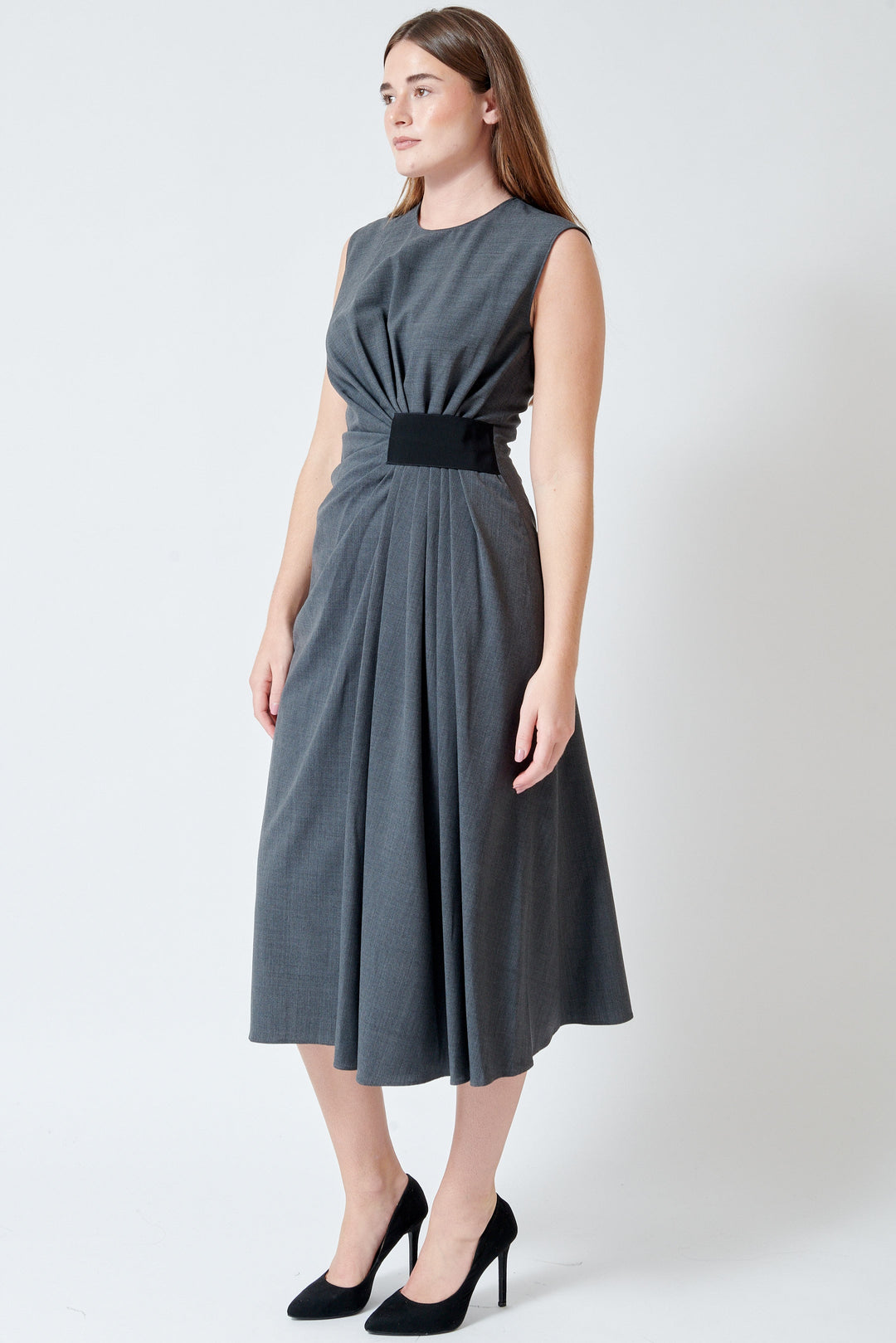 Model wearing Mantu Fresh Wool Side Gathered Dress front /side view