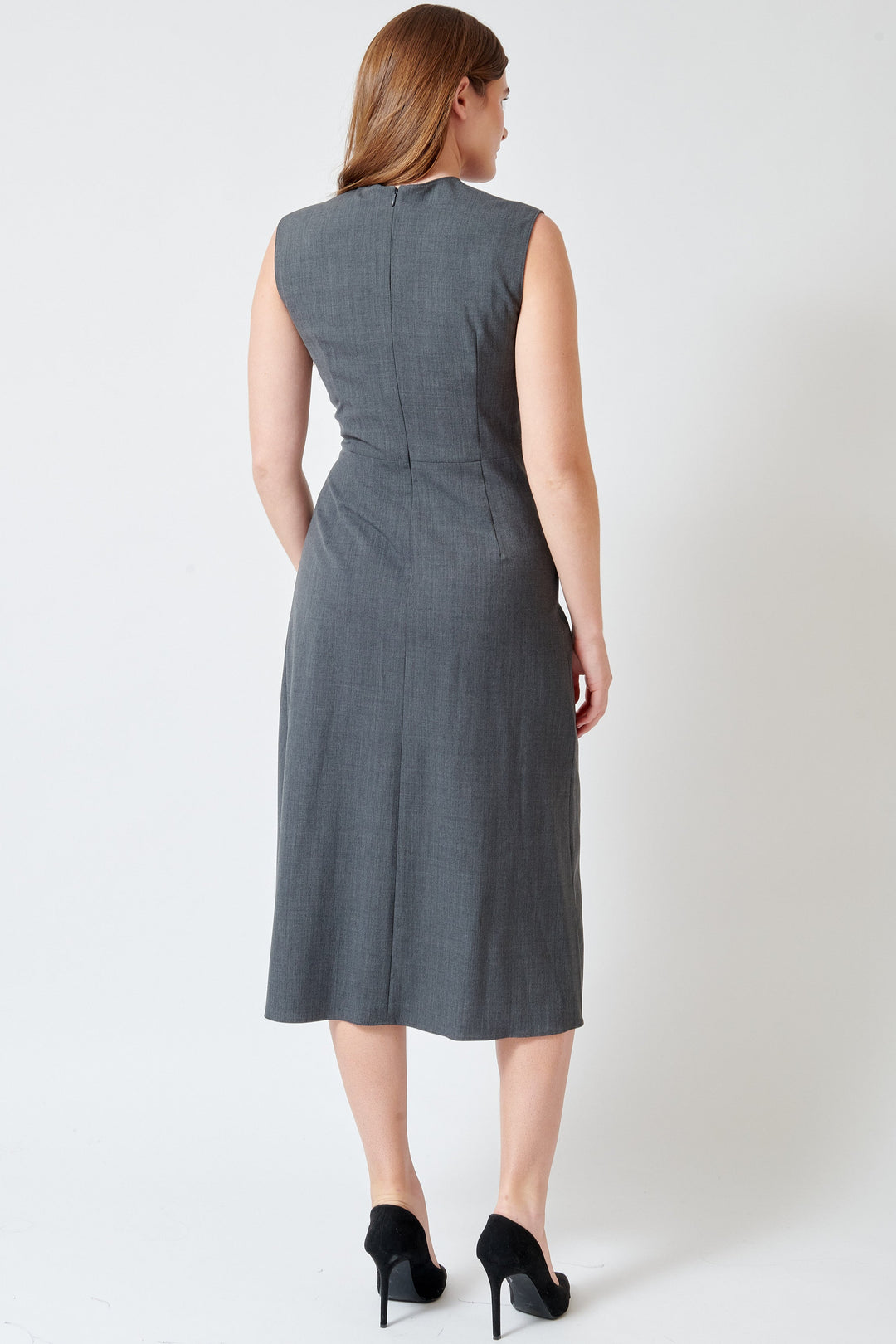 Model wearing Mantu Fresh Wool Side Gathered Dress rear view