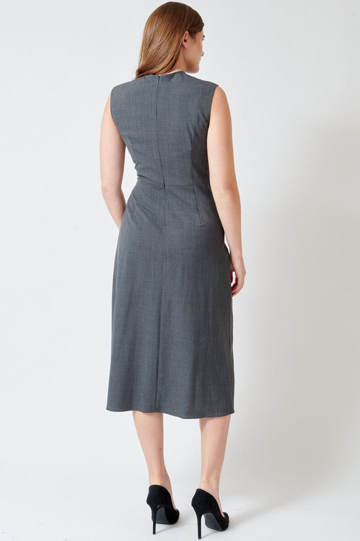 Model wearing Mantu Fresh Wool Side Gathered Dress rear view