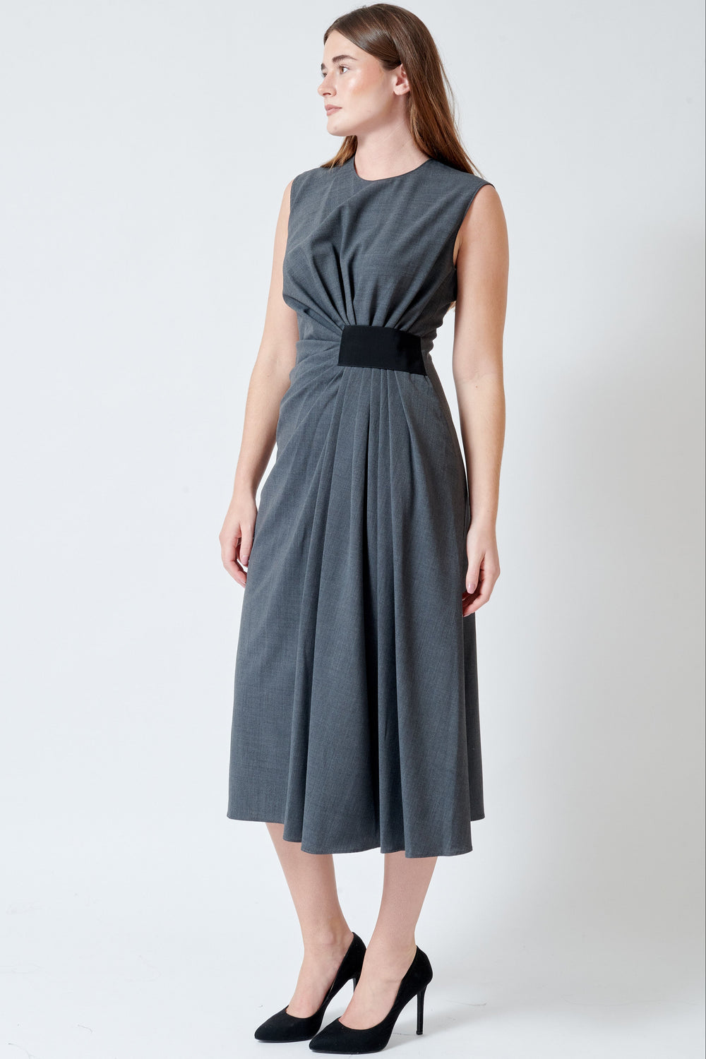 Model wearing Mantu Fresh Wool Side Gathered Dress front view