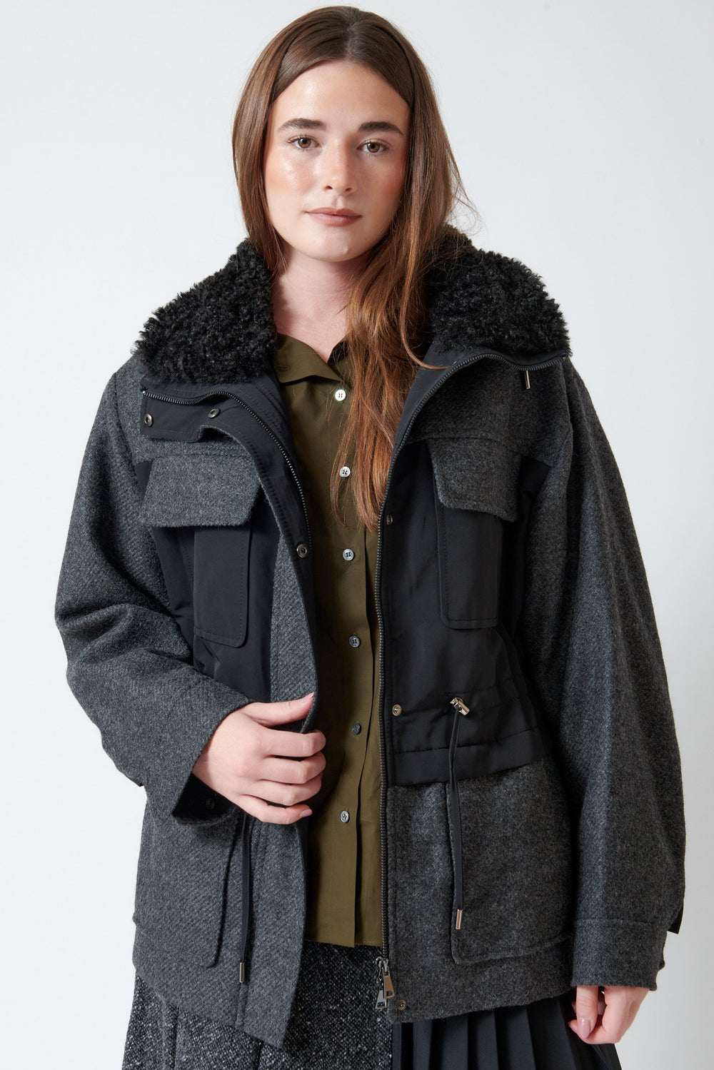 Model wearing Mantu Soft Wool Coat front view