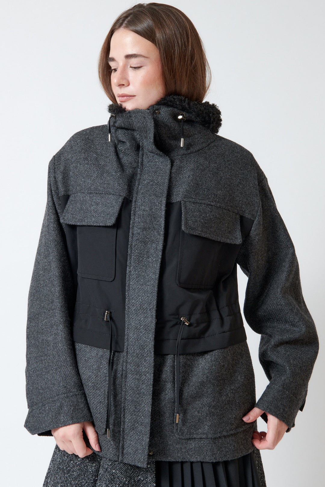 Model wearing Mantu Soft Wool Coat front view
