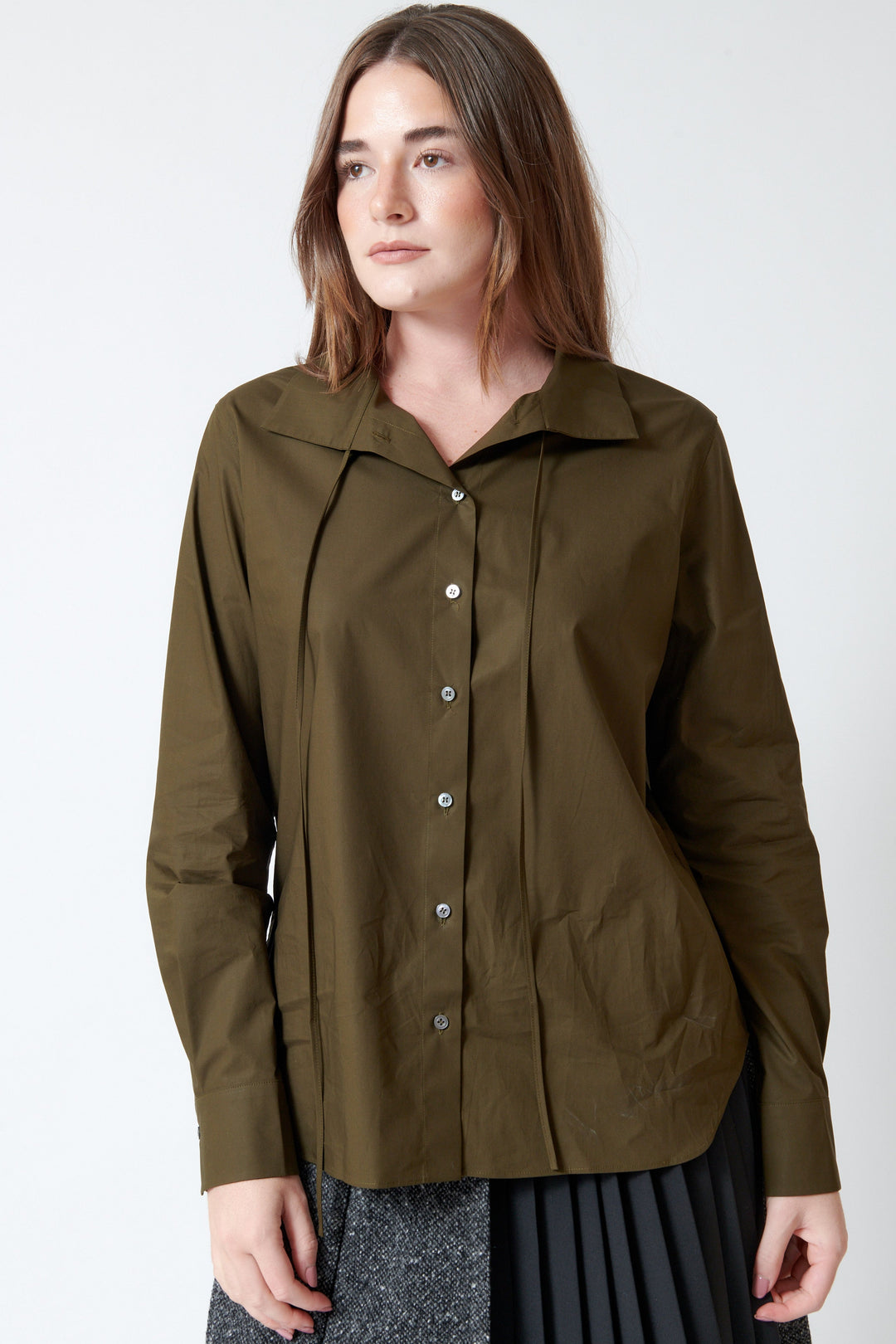 Model wearing Mantu Tied High Neck Poplin Shirt front view