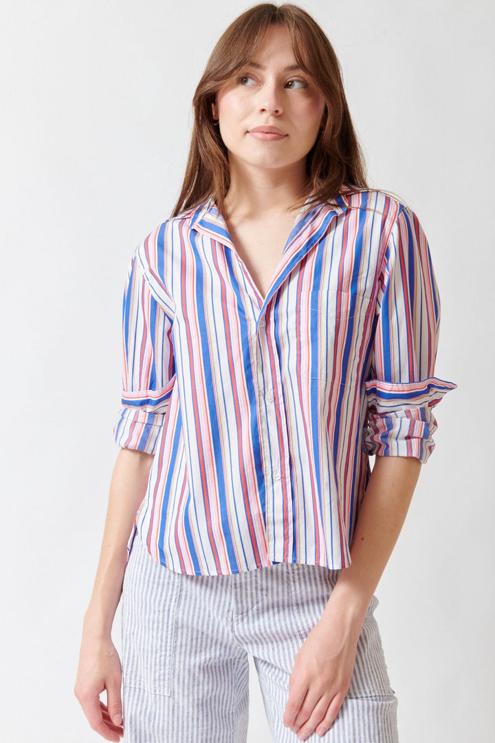 Angela wearing Frank & Eileen Silvio Untuckable Button Up Shirt front view