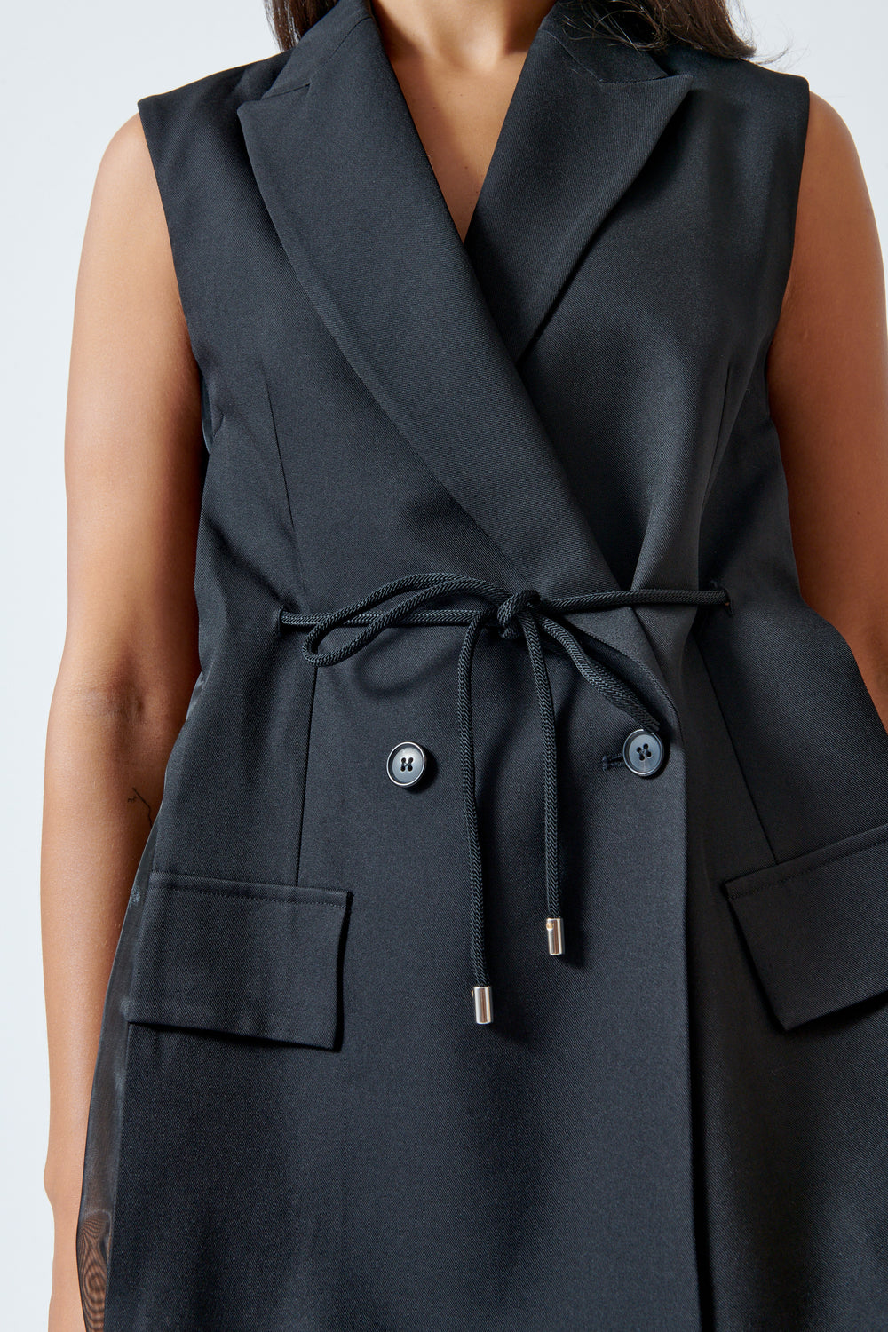 Model wearing Meimeij Ali Gilet front/detail view