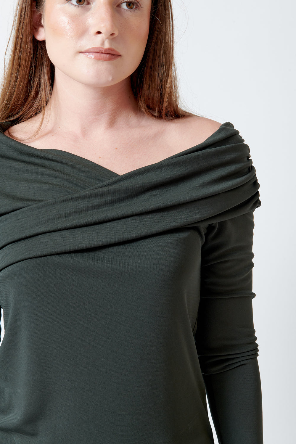Model wearing Meimeij Nikki Draped Top front/detail view